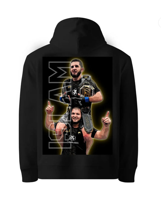 Islam Makhachev “DOUBLE CHAMP” Hoodie – UFC 322 Historic Victory | GrizzlyGFX (S–XXL, Black or White)