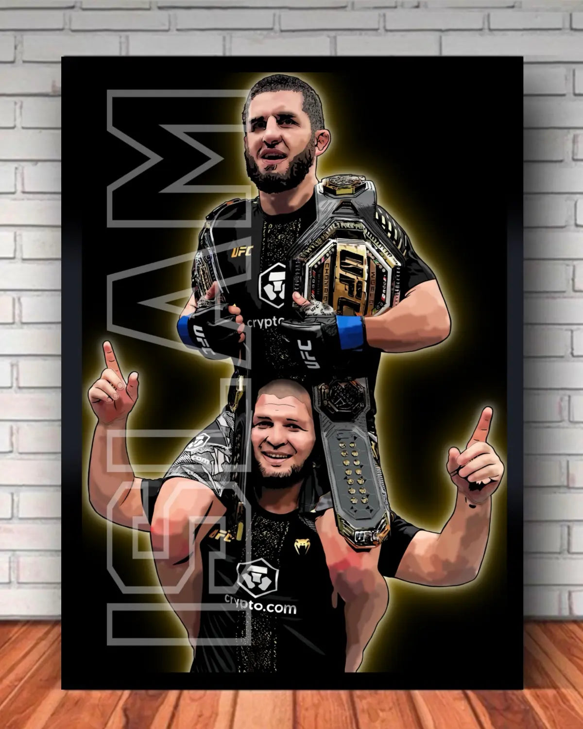 Islam Makhachev The Double Champ 24×36 Canvas – Khabib Shoulder Lift After UFC 322 – GrizzlyGFX Premium Wall Art