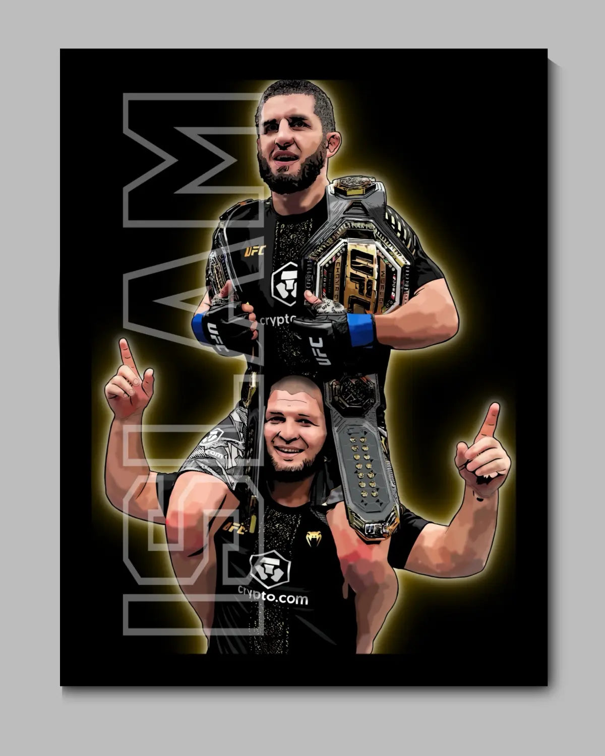 Celebrate one of the most iconic MMA moments ever with this 8×10 Black Framed Canvas featuring Islam Makhachev’s historic night at UFC 322 — the night he became the Double Champion. This stunning artwork captures Islam lifted high on Khabib Nurmagomedov’s shoulders, holding both belts inside the electric madness of Madison Square Garden.

Designed by GrizzlyGFX, this piece blends dramatic lighting, championship energy, and elite detail, making it perfect for UFC fans, Dagestan supporters, martial artists, a
