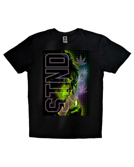 STND Woman Lighting a Joint – Green Hue Glow Weed Art T-Shirt | GrizzlySlapz | Black or White | Adults Unisex