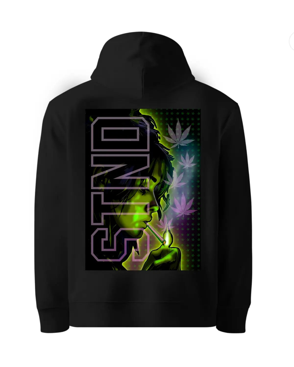 STND Woman Lighting a Joint – Green Glow Weed Art Hoodie by GrizzlySlapz (Black or White | Adults Unisex S–XXL)