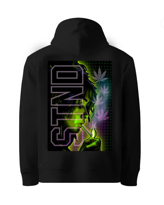 STND Woman Lighting a Joint – Green Glow Weed Art Hoodie by GrizzlySlapz (Black or White | Adults Unisex S–XXL)