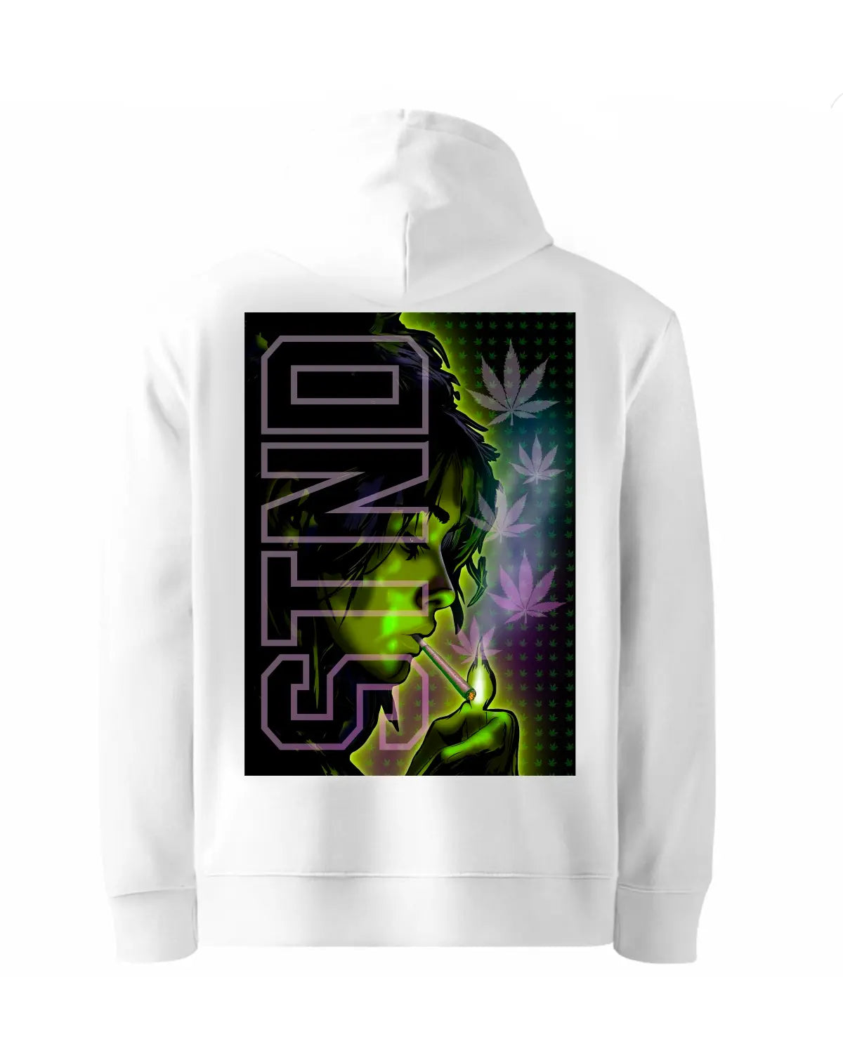 STND Woman Lighting a Joint – Green Glow Weed Art Hoodie by GrizzlySlapz (Black or White | Adults Unisex S–XXL)