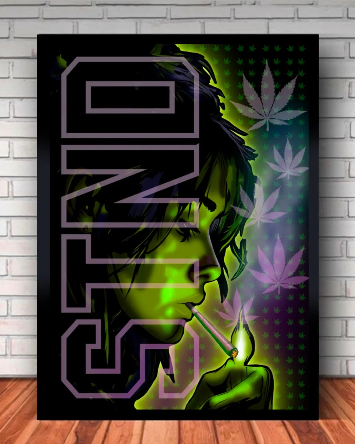 STND Woman Lighting a Joint – Green Hue | 8×10” Black Framed Canvas | GrizzlySlapz