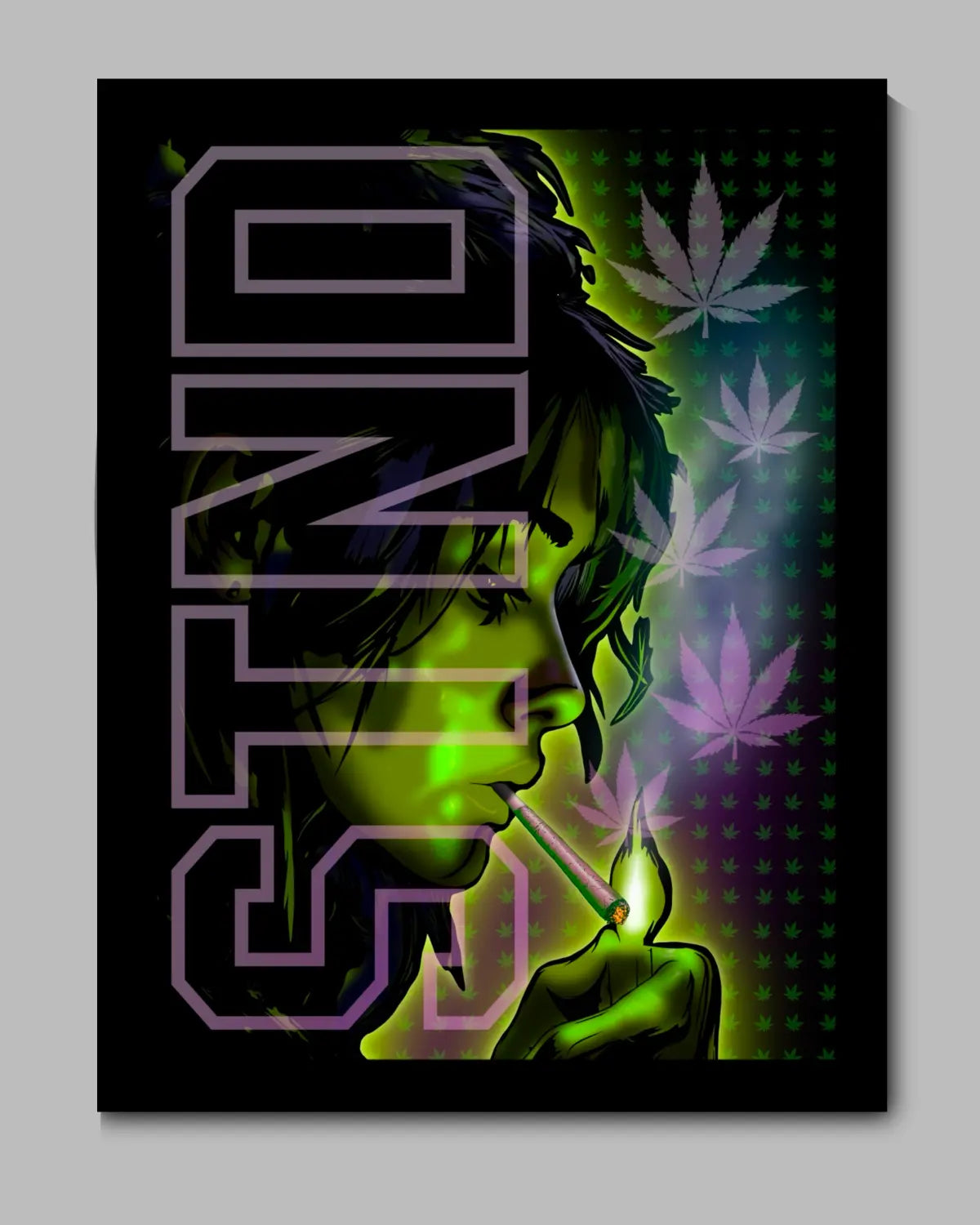 STND Woman Lighting a Joint – Green Hue | 8×10” Black Framed Canvas | GrizzlySlapz