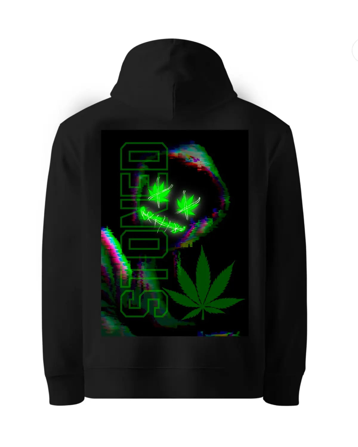 Stoned Glitch Mask Hoodie – Weed Streetwear by GrizzlySlapz (Black or White, S–XXL)