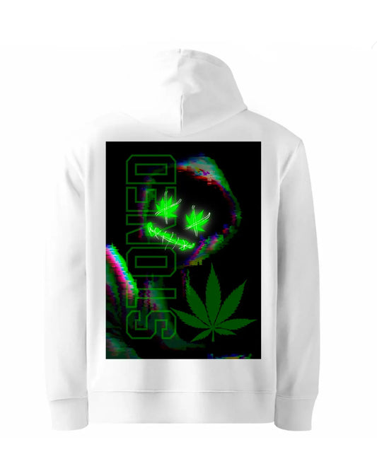 Stoned Glitch Mask Hoodie – Weed Streetwear by GrizzlySlapz (Black or White, S–XXL)