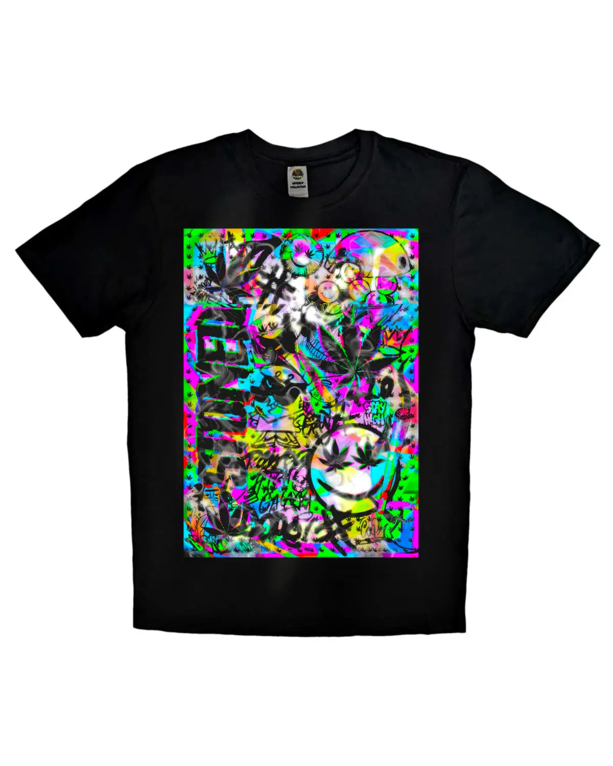Stoned Trippy Weed Design T-Shirt by GrizzlySlapz – Psychedelic Cannabis Art Tee (Black or White, XS–XXL, Unisex Adults)