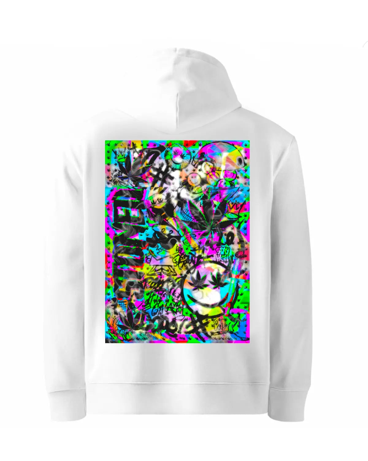 STONED Trippy Weed Design Hoodie – Psychedelic Cannabis Artwork by GrizzlySlapz (Black or White, S–XXL, Unisex Adults)