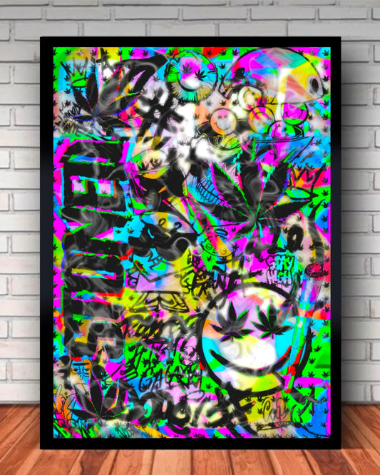 STONED – Trippy Psychedelic Weed Art | Small 8x10” Black Framed Canvas by GrizzlySlapz