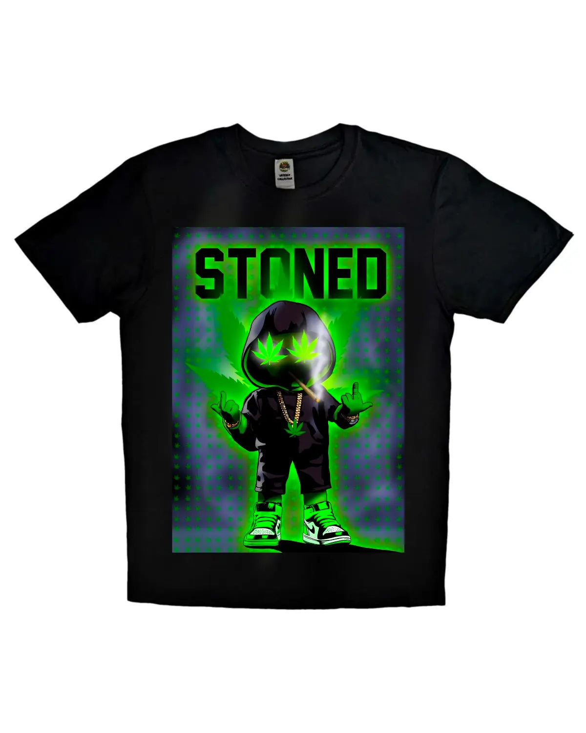 Stoned Smoke Character T-Shirt by GrizzlySlapz – Trippy Weed Art Tee for Cannabis Fans (Black or White, Unisex XS–XXL)