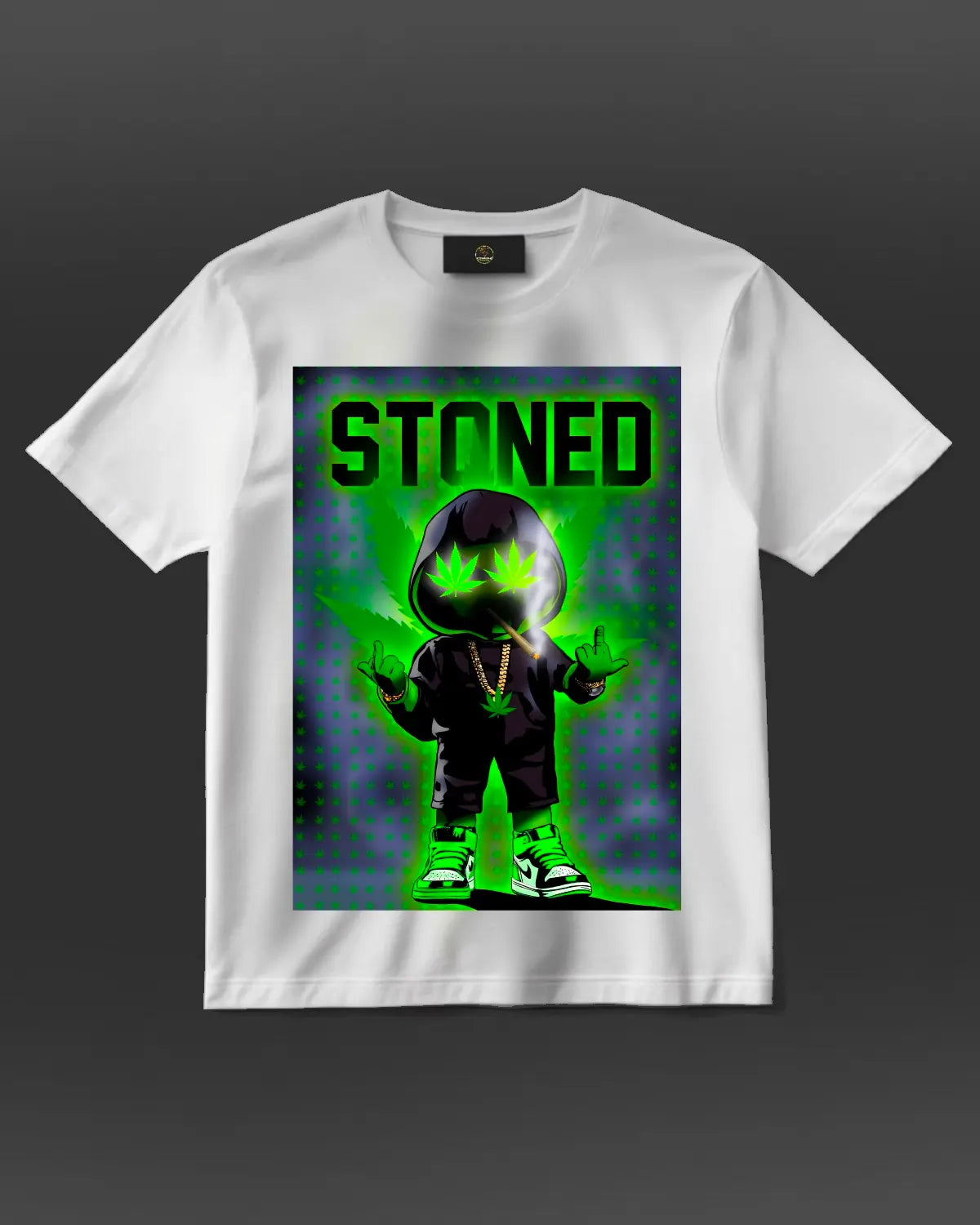 Stoned Smoke Character T-Shirt by GrizzlySlapz – Trippy Weed Art Tee for Cannabis Fans (Black or White, Unisex XS–XXL)