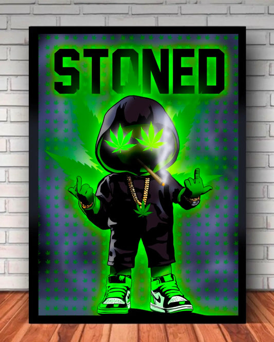 Stoned Weed Character Smoke Art – Small 8x10” Black Framed Canvas | GrizzlySlapz Premium Wall Art