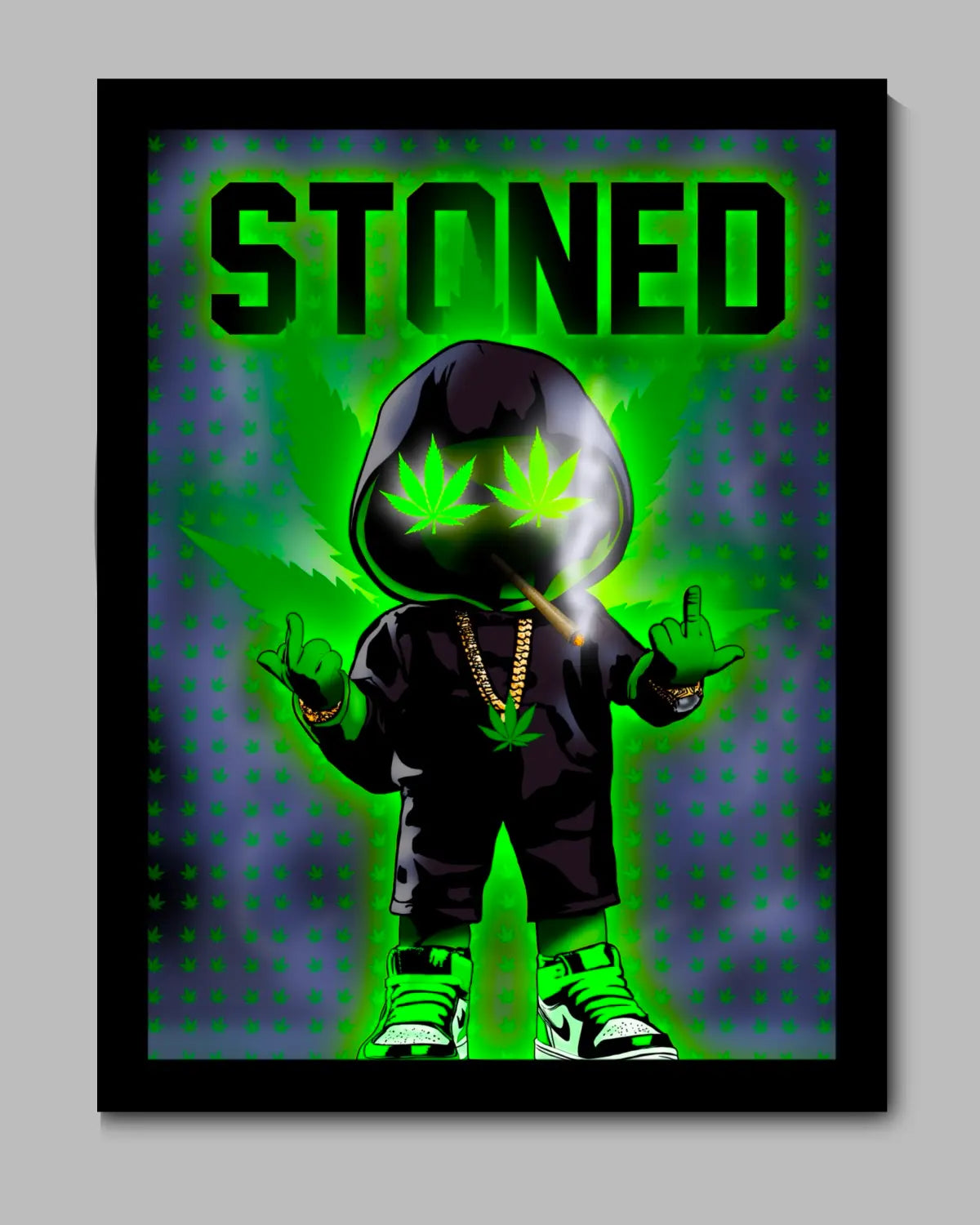 Stoned Weed Character Smoke Design – Medium 16x20” Framed Canvas Artwork | GrizzlySlapz Collection