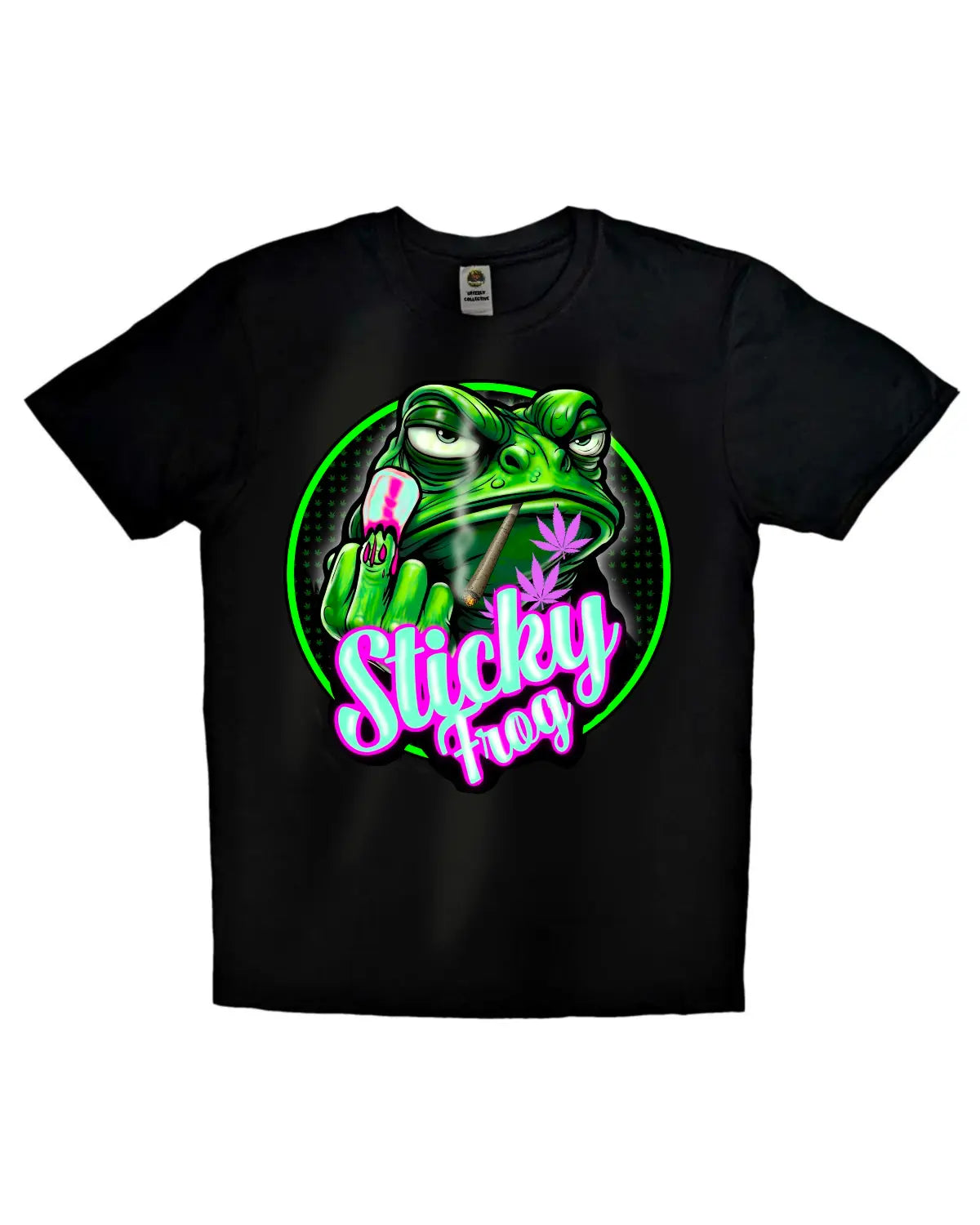 Sticky Frog Weed Strain T-Shirt – Trippy Amphibian THC Design by GrizzlySlapz | Black or White | Adults Unisex XS–XXL