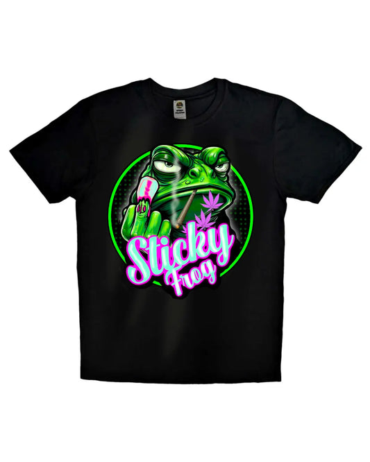 Sticky Frog Weed Strain T-Shirt – Trippy Amphibian THC Design by GrizzlySlapz | Black or White | Adults Unisex XS–XXL