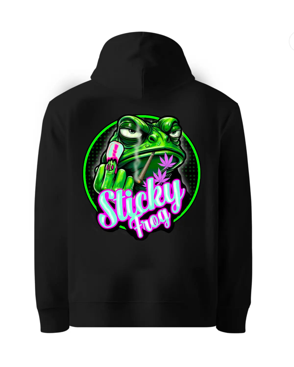 Sticky Frog Weed Strain Hoodie – Trippy Amphibian Stoner Art by GrizzlySlapz – Black or White Unisex Adults (S–XXL)
