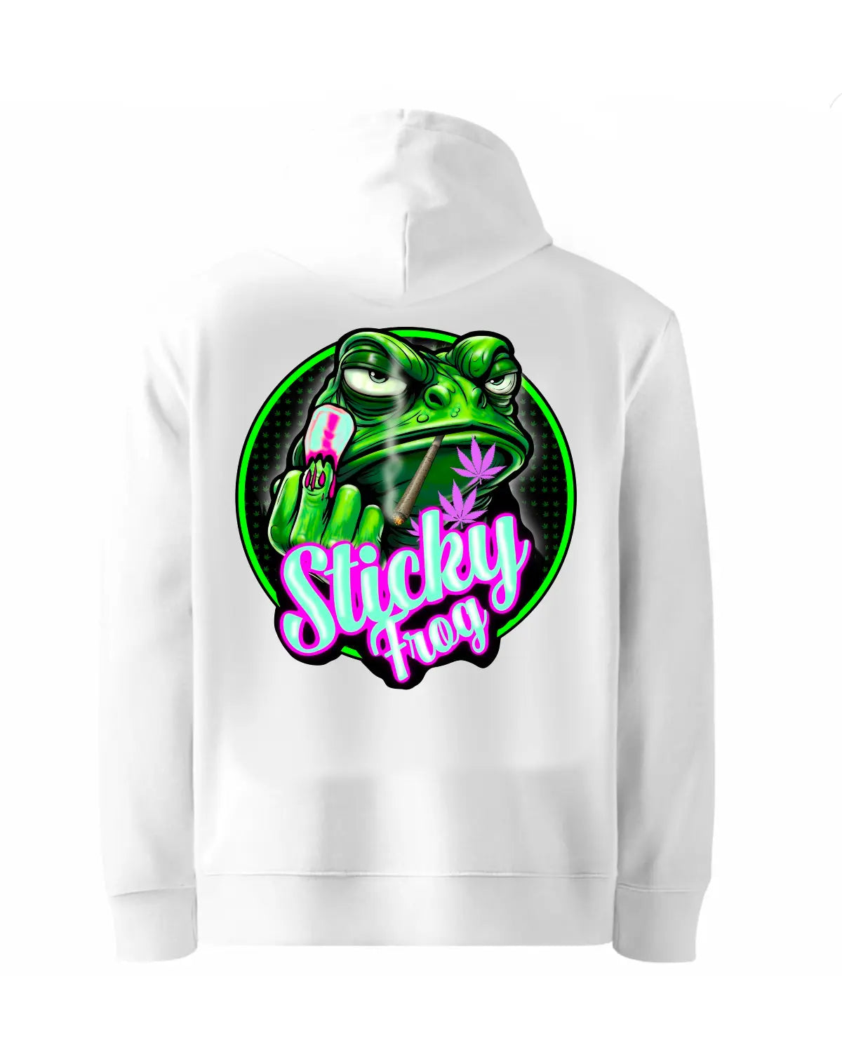 Sticky Frog Weed Strain Hoodie – Trippy Amphibian Stoner Art by GrizzlySlapz – Black or White Unisex Adults (S–XXL)
