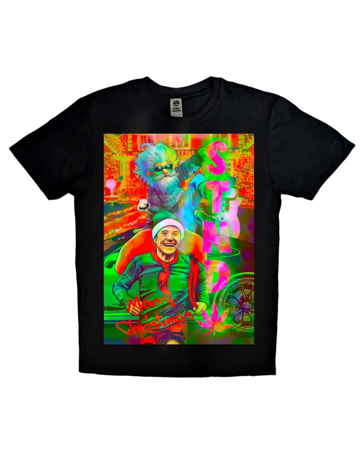 Stolen Santa’s Stash – Cheeky Elf Weed Chase Christmas T-Shirt by GrizzlySlapz (Unisex | Black or White | XS–XXL)