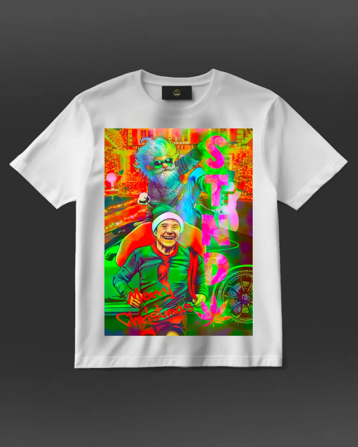 Stolen Santa’s Stash – Cheeky Elf Weed Chase Christmas T-Shirt by GrizzlySlapz (Unisex | Black or White | XS–XXL)