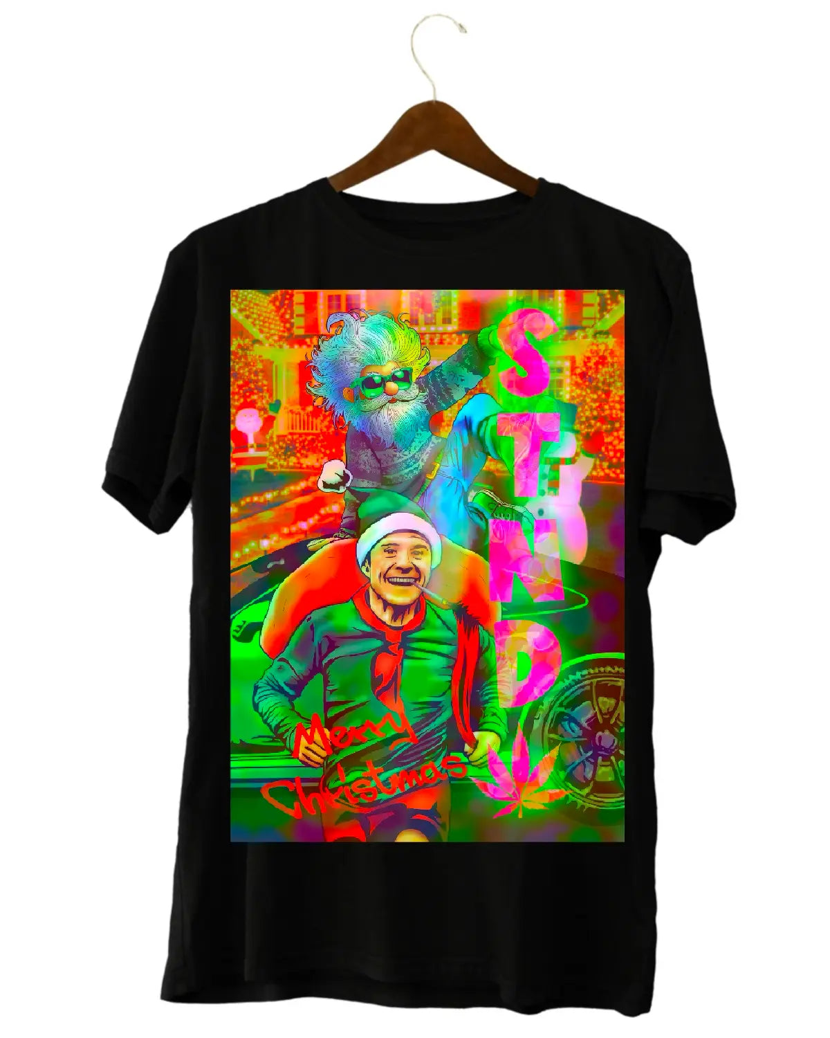 Stolen Santa’s Stash – Cheeky Elf Weed Chase Christmas T-Shirt by GrizzlySlapz (Unisex | Black or White | XS–XXL)