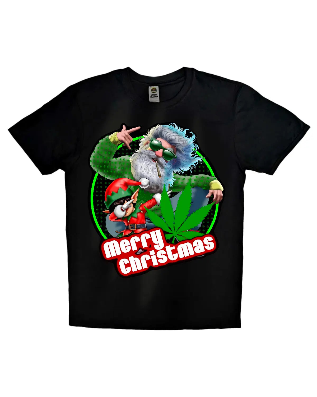 Santa & The Crafty Elf – Christmas Day Blazin’ Celebration Unisex T-Shirt • GrizzlySlapz Weed Xmas Edition