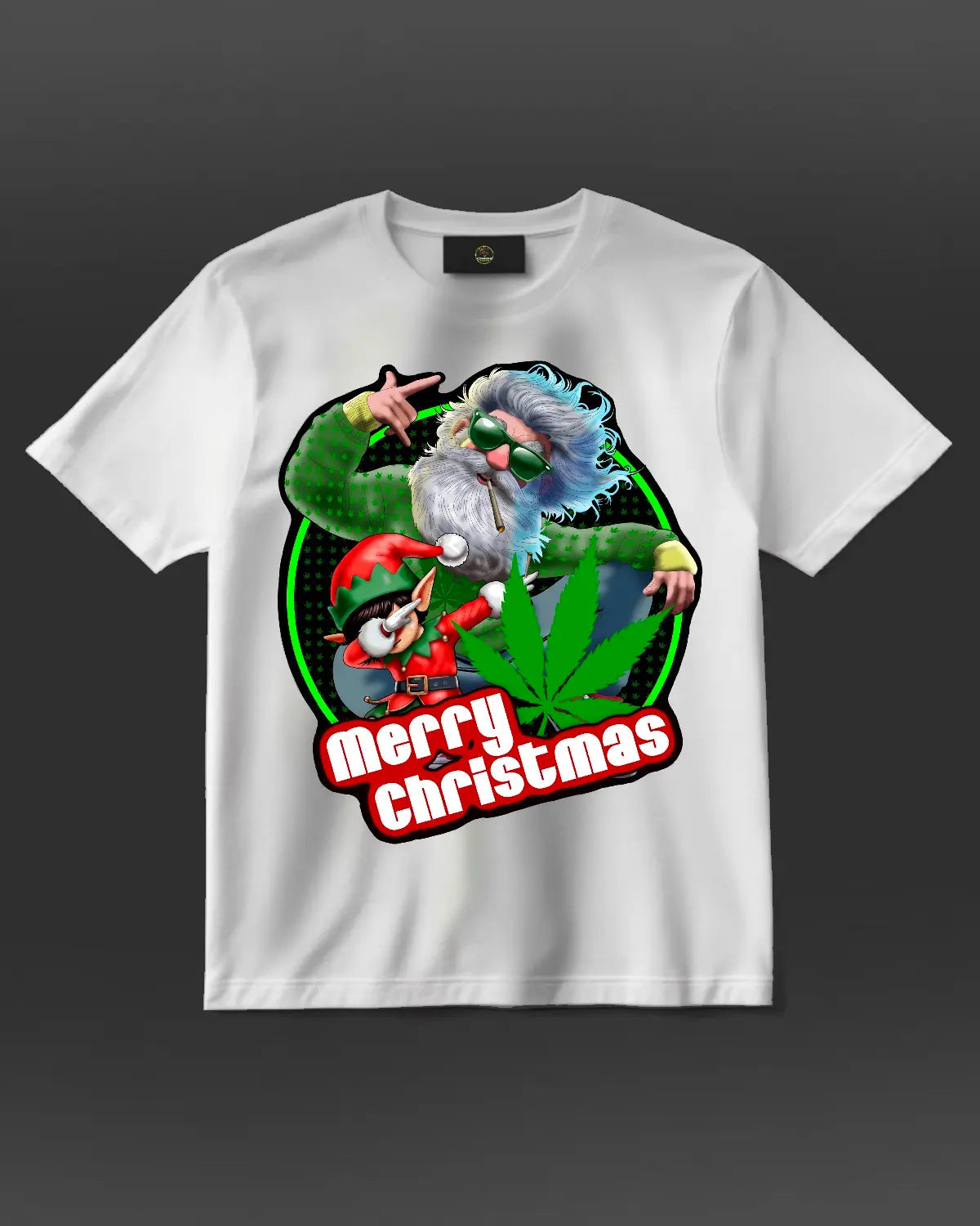 Santa & The Crafty Elf – Christmas Day Blazin’ Celebration Unisex T-Shirt • GrizzlySlapz Weed Xmas Edition