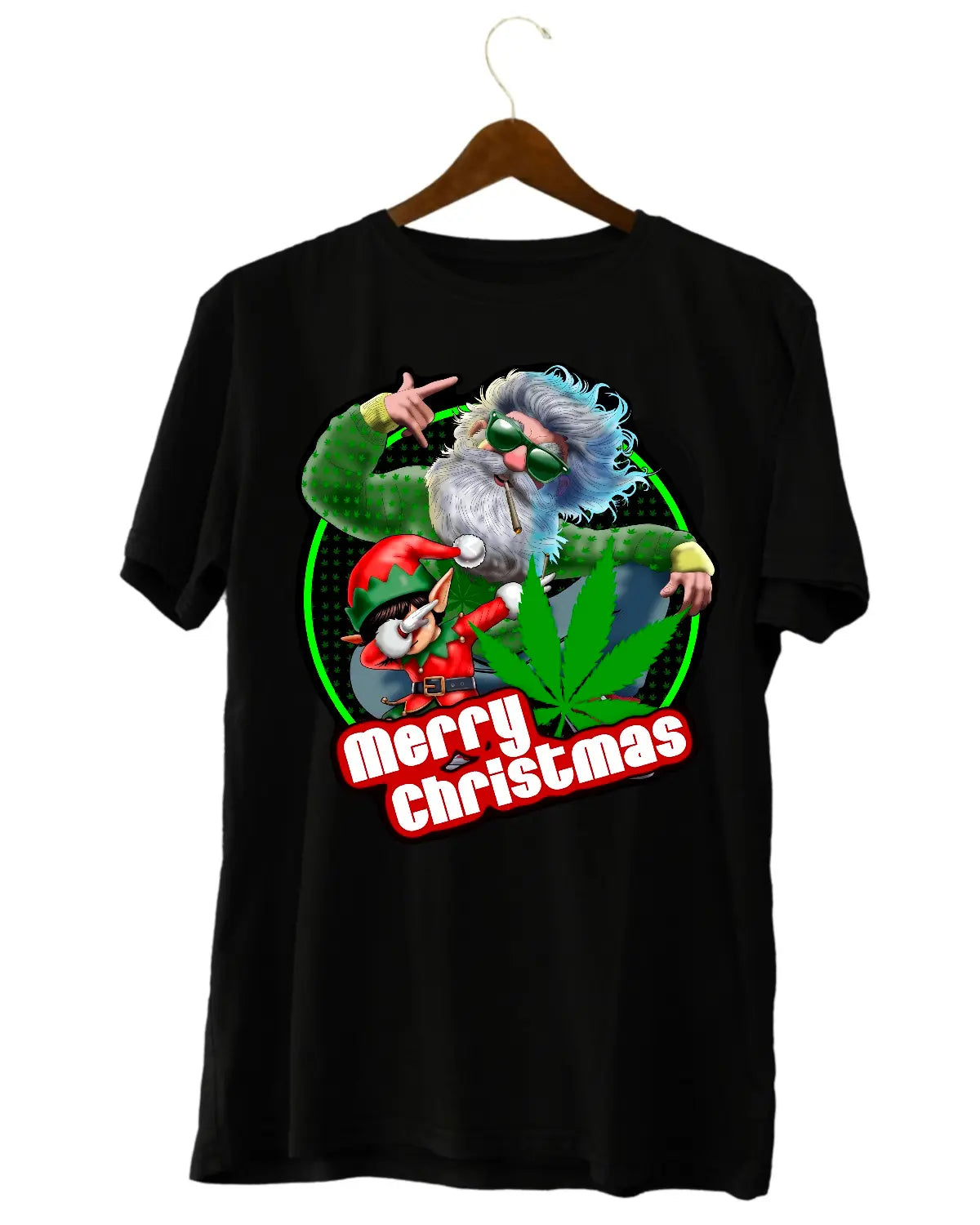 Santa & The Crafty Elf – Christmas Day Blazin’ Celebration Unisex T-Shirt • GrizzlySlapz Weed Xmas Edition