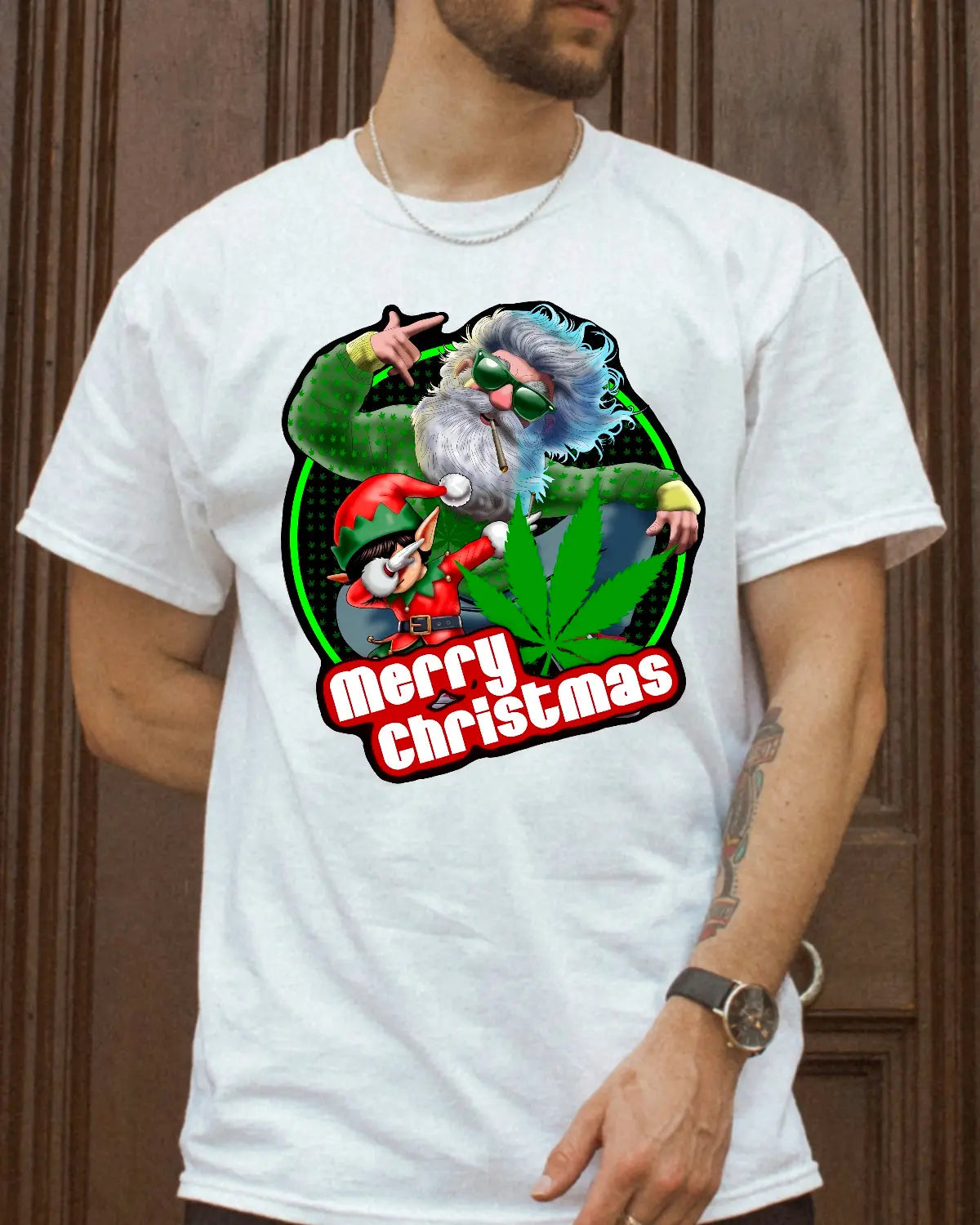 Santa & The Crafty Elf – Christmas Day Blazin’ Celebration Unisex T-Shirt • GrizzlySlapz Weed Xmas Edition