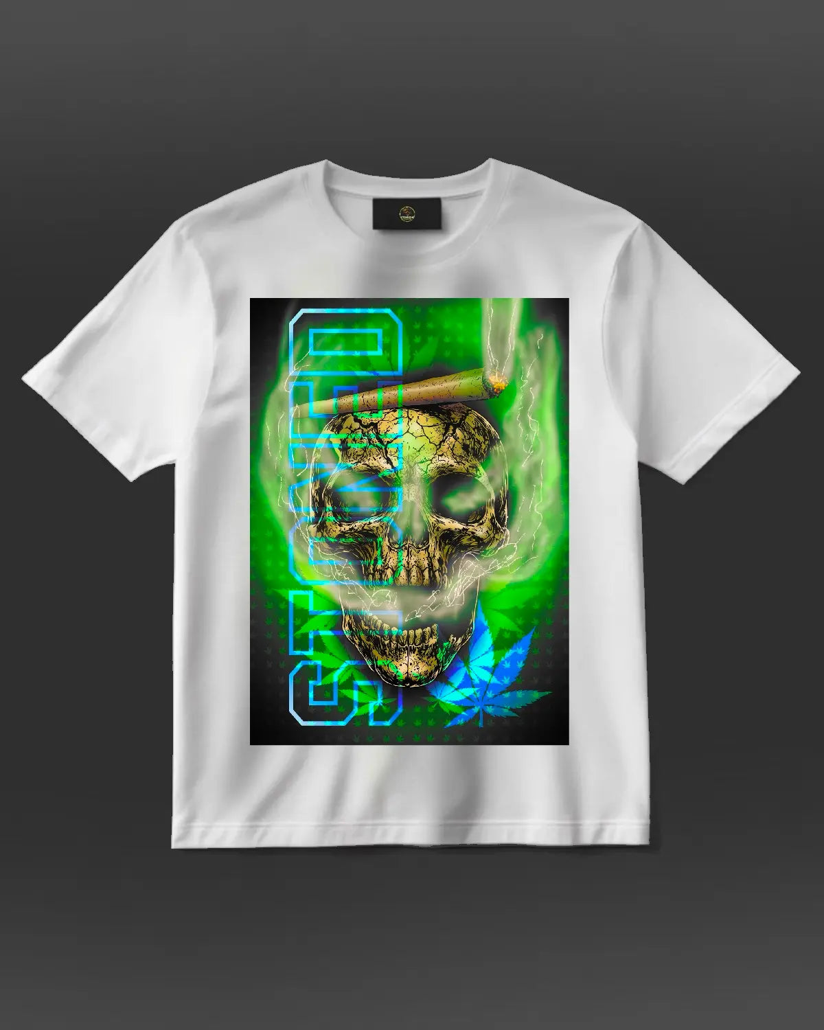 Stoned Smoking Skull Weed T-Shirt | Dark Cannabis Artwork by GrizzlySlapz