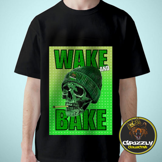 Black Wake and Bake Skull Design T Shirt Grizzlyslapz