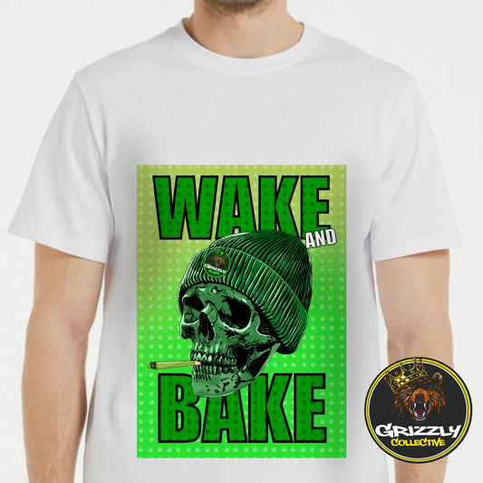 White Wake and Bake Skull T-Shirt Design Grizzlyslapz