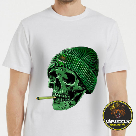 White Stoner Skull with Grizzlyslapz Beanie T-shirt Design