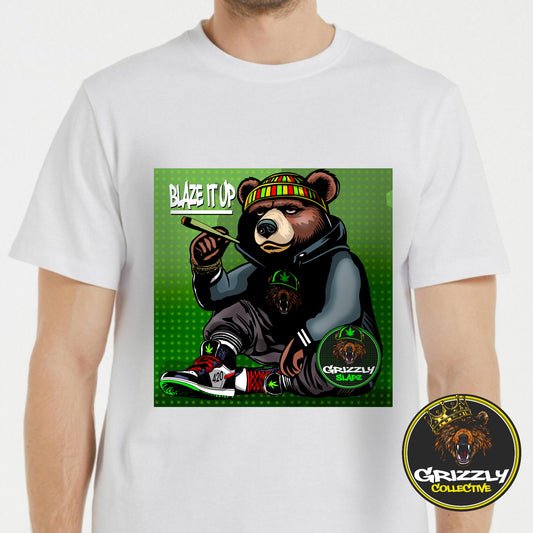 White “Blaze It Up” Stoner Grizzly Bear T-Shirt by GrizzlySlapz