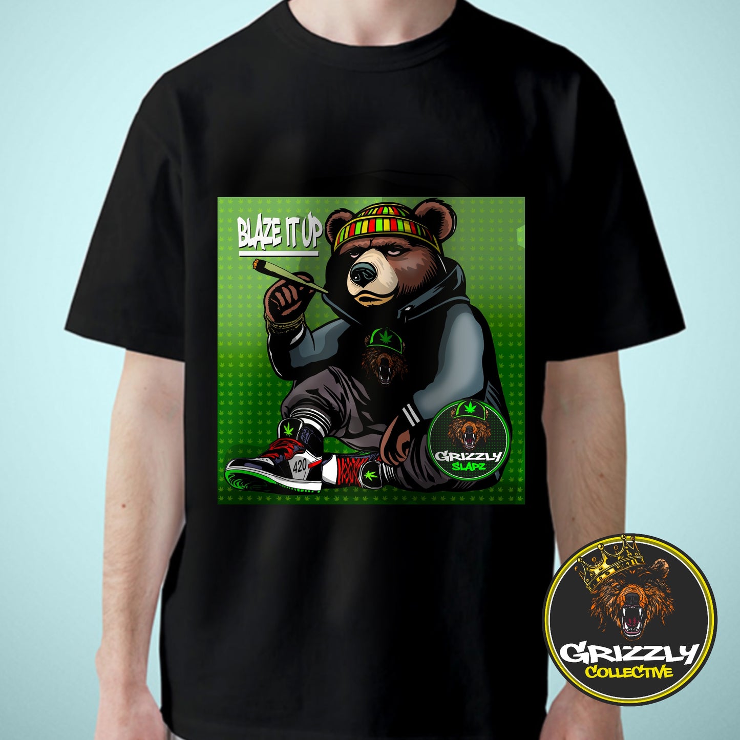 Black “Blaze It Up” Stoner Grizzly Bear T-Shirt by GrizzlySlapz